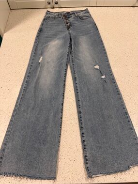 VIBRANT MIU High Rise Wide Leg Asymmetrical Button Fly Distressed Jeans Sz 5 W26